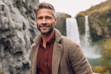 Medium shot portrait photography of a satisfied man in his 40s that is wearing a chic cardigan against a scenic hiking trail with a waterfall in the distance background .  Generative AI