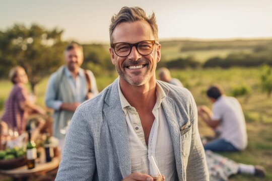 Medium shot portrait photography of a satisfied man in his 40s that is wearing a chic cardigan against a scenic countryside picnic with friends and family background . Generative AI