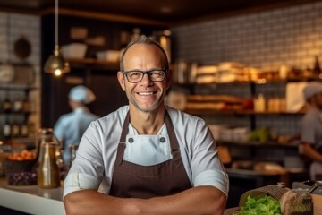 Medium shot portrait photography of a satisfied man in his 40s that is wearing a chic cardigan against a well-stocked gourmet kitchen with a chef at work background .  Generative AI