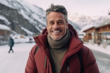 Fototapeta na wymiar Medium shot portrait photography of a satisfied man in his 40s that is wearing a chic cardigan against an active ski resort with visitors enjoying the slopes background . Generative AI