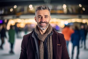 Medium shot portrait photography of a satisfied man in his 40s that is wearing a chic cardigan against an indoor ice-skating rink with skaters of all skill levels background .  Generative AI