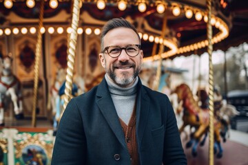 Medium shot portrait photography of a satisfied man in his 40s that is wearing a chic cardigan against an old-fashioned carousel in motion at a city square background .  Generative AI