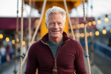 Obraz premium Medium shot portrait photography of a pleased man in his 50s that is wearing a chic cardigan against an adrenaline-pumping bungee jumping platform background . Generative AI