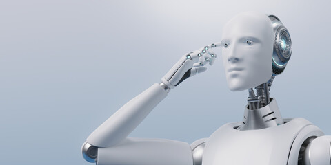 白い光の中で思考するアンドロイド / 進化するAI・人工知能のコンセプトイメージ / コピースペース / 3Dレンダリング / An android that thinks in bright light. Concept image of evolving AI. 3D rendered image.