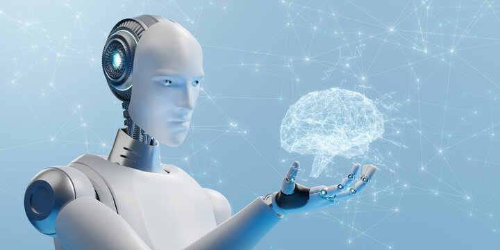 手のひらの上のホログラムの頭脳を見つめるアンドロイド / 進化するAI・人工知能のコンセプトイメージ / An android staring at the holographic brain on the palm. Concept image of evolving AI. 3D rendered image.