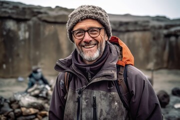 Obraz premium Medium shot portrait photography of a pleased man in his 50s that is wearing a warm parka against an archaeological dig site with artifacts being discovered background . Generative AI