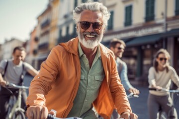 Fototapeta na wymiar cheerful senior man in sunglasses riding bicycle with friends on street