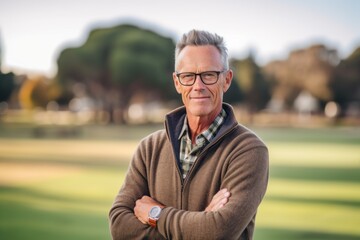 Medium shot portrait photography of a satisfied man in his 50s that is wearing a chic cardigan against a beautifully landscaped golf course with players background .  Generative AI
