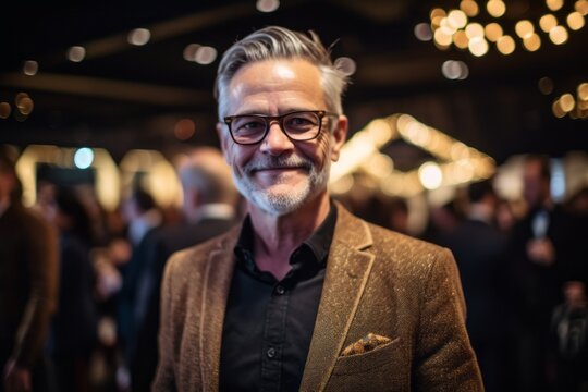 Medium shot portrait photography of a satisfied man in his 50s that is wearing a chic cardigan against a charity gala event with auction and celebrities background .  Generative AI