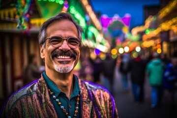 Fototapeta premium Handsome Indian man in traditional clothes and eyeglasses at Christmas market