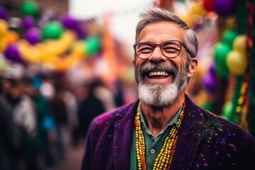 Obraz premium Medium shot portrait photography of a satisfied man in his 50s that is wearing a chic cardigan against a vibrant and lively mardi gras celebration background . Generative AI