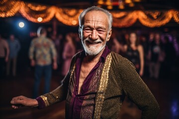 Fototapeta na wymiar Medium shot portrait photography of a satisfied man in his 60s that is wearing a chic cardigan against an entrancing belly dance performance in a venue background . Generative AI