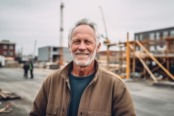 Medium shot portrait photography of a satisfied man in his 60s that is wearing a cozy sweater against a busy construction site with cranes and builders background .  Generative AI