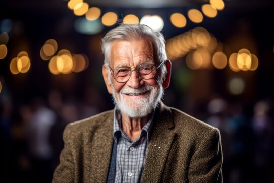 Medium shot portrait photography of a satisfied man in his 70s that is wearing a chic cardigan against a charity gala event with auction and celebrities background .  Generative AI