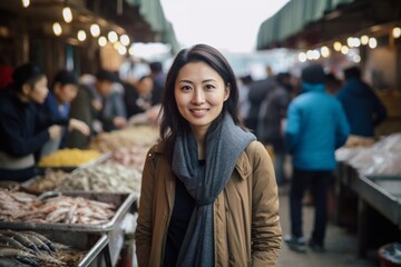 Portrait of a young Asian woman standing in front of the fish market
