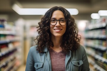 Portrait of smiling young woman in eyeglasses standing in supermarket