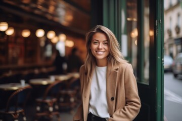 Medium shot portrait photography of a satisfied woman in her 30s that is wearing a classic blazer against a parisian or european cafe background .  Generative AI