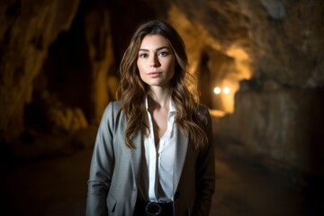 Fototapeta na wymiar Medium shot portrait photography of a satisfied woman in her 30s that is wearing a classic blazer against an underground cave or cavern background . Generative AI