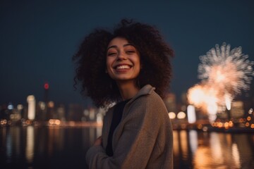 Portrait of a beautiful young woman with afro hairstyle, smiling and looking at fireworks in the city.