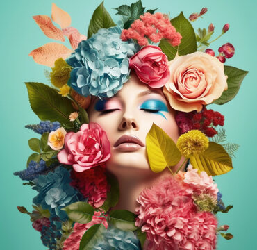 Beauty image with makeup and flowers on woman in studio. Generative AI