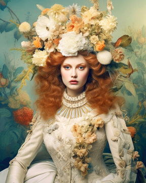 Haute couture victorian fashion woman surrounded by flowers in studio. Generative AI