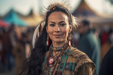 Medium shot portrait photography of a satisfied woman in her 40s that is wearing a cozy sweater against a traditional native american pow-wow with dancers and drummers background .  Generative AI
