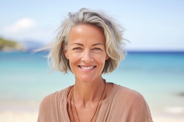 Fototapeta na wymiar Medium shot portrait photography of a satisfied woman in her 50s that is wearing a chic cardigan against an island or beach paradise background . Generative AI
