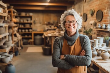 Medium shot portrait photography of a satisfied woman in her 50s that is wearing a cozy sweater against a traditional pottery studio with craftspeople at work background .  Generative AI - obrazy, fototapety, plakaty