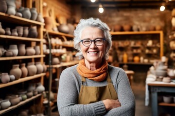 Portrait of smiling mature woman in apron in pottery shop