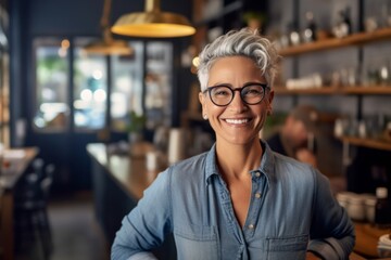 Portrait of smiling mature woman with eyeglasses in coffee shop