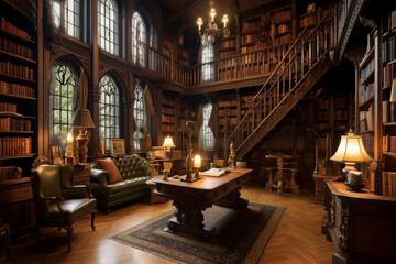 Fototapeta premium Illustration of a beautiful home library. Generative AI. 