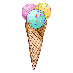 Ice cream cone with multicolored balls. Cartoon vector illustration.