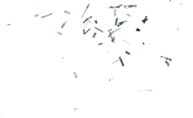 Silver Confetti Foil fall splashing in air. Silver Confetti Foil explosion flying, abstract cloud fly. Many Party glitter scatter in many group. White background isolated high speed shutter freeze