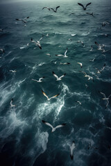Seabirds hovering over the sea.