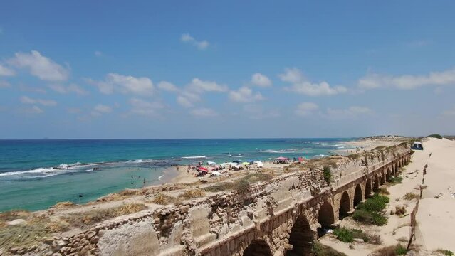 Aerial video on Israel's coastline in the Nachsholim area during a sunny day