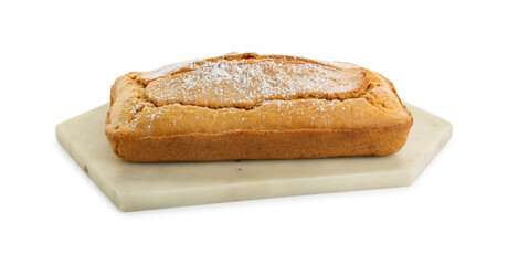 Delicious homemade yogurt cake with powdered sugar on white background