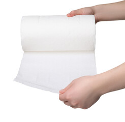 Woman tearing paper towels on white background, closeup