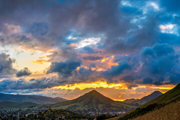 Obraz premium Blue, yellow sunset over Mountains,