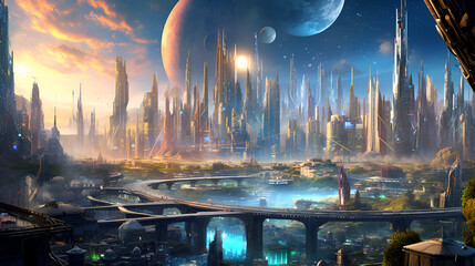 A view of a futuristic city with towering spiky skyscrapers on a alien world with multiple moons, Generative AI