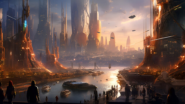 Crowds line the river walkway looking at ships amidst a massive futuristic skyline with hovercars in the sky, Generative AI
