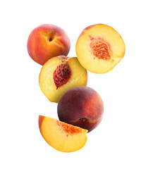 Juicy fresh peaches falling on white background