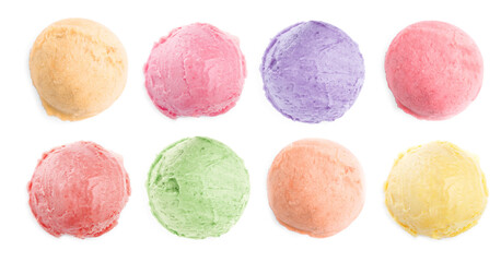 Set of ice cream scoops of different colors and flavors isolated on white, top view