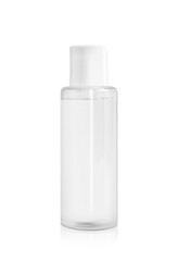 Transparent bottle with cosmetic product on white background