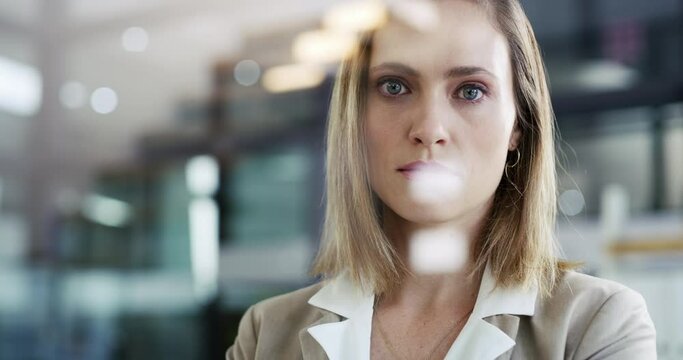 Window view, face and serious professional woman confident in architect job, office career or real estate management. Architecture building, corporate leader and portrait of female property developer