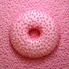 Pink doughnut with sprinkles on a pink background. Top view. AI Generative