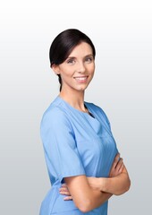 Healthcare concept, young woman doctor with arms crossed