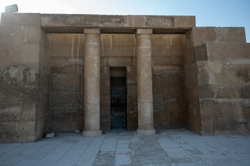A picture from the front of an archaeological temple in the ancient Pharaonic pyramids area in...