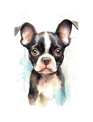 Cute Boston Terrier puppy on white background, cartoon watercolor illustration. Generative AI.