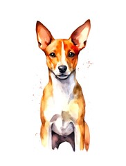 Cute Basenji dog on white background, cartoon watercolor illustration. Generative AI.