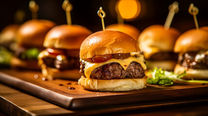 A platter of mini cheeseburgers, with juicy beef patties, melted cheese, pickles, and a special sauce, served on soft slider buns, generative ai